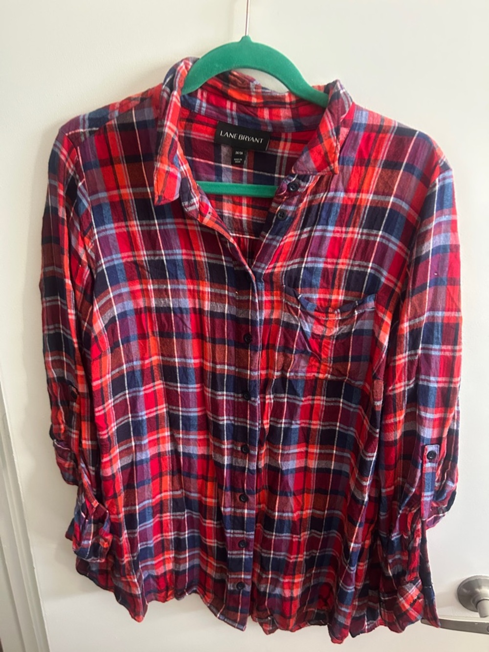 Lane Bryant Red and Navy Plaid Roll-Tab Button Shirt